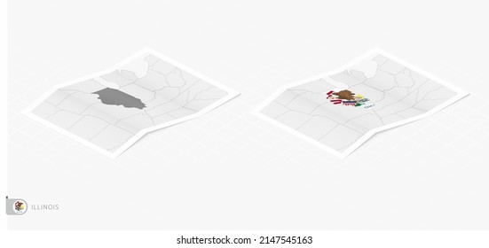 Set of two realistic map of Illinois with shadow. The flag and map of Illinois in isometric style. Vector template.