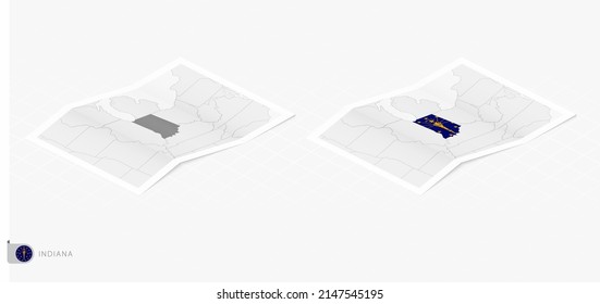 Conjunto de dos mapas realistas de Indiana con sombra. La bandera y el mapa de Indiana en estilo isométrico. Plantilla de vectores.