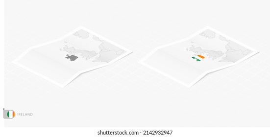Conjunto de dos mapas realistas de Irlanda con sombra. La bandera y el mapa de Irlanda en estilo isométrico. Plantilla de vectores.