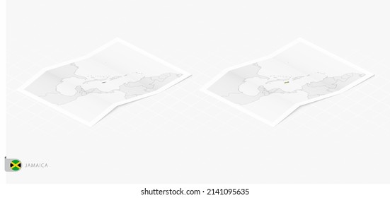 Set of two realistic map of Jamaica with shadow. The flag and map of Jamaica in isometric style. Vector template.