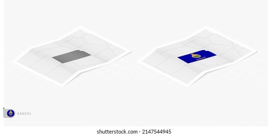 Set of two realistic map of Kansas with shadow. The flag and map of Kansas in isometric style. Vector template.