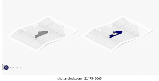 Set of two realistic map of Kentucky with shadow. The flag and map of Kentucky in isometric style. Vector template.
