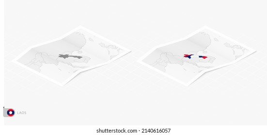 Set of two realistic map of Laos with shadow. The flag and map of Laos in isometric style. Vector template.