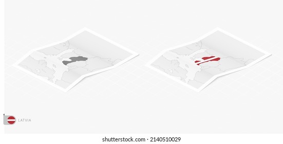 Set von zwei realistischen Karte von Lettland mit Schatten. Die Flagge und Landkarte von Lettland im isometrischen Stil. Vektorvorlage.