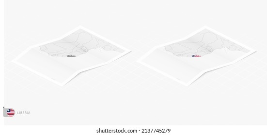 Conjunto de dos mapas realistas de Liberia con sombra. La bandera y el mapa de Liberia en estilo isométrico. Plantilla de vectores.