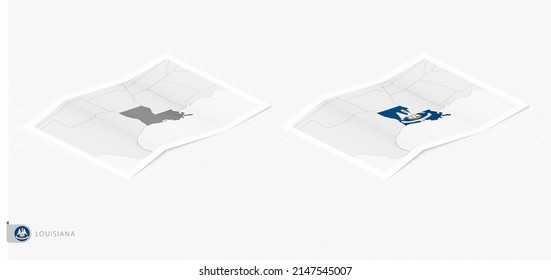 Set of two realistic map of Louisiana with shadow. The flag and map of Louisiana in isometric style. Vector template.