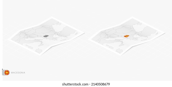Set of two realistic map of Macedonia with shadow. The flag and map of Macedonia in isometric style. Vector template.