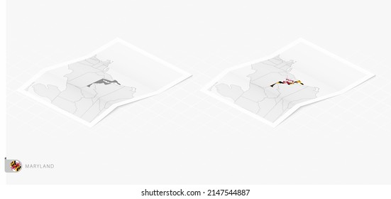 Set of two realistic map of Maryland with shadow. The flag and map of Maryland in isometric style. Vector template.