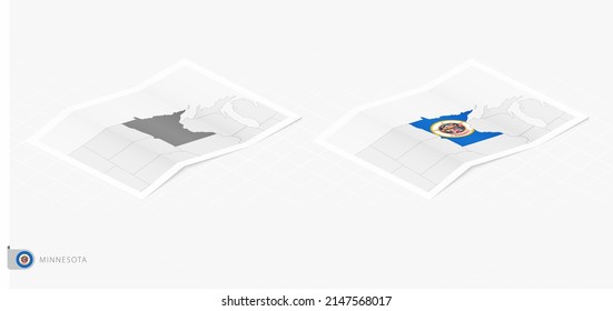 Set of two realistic map of Minnesota with shadow. The flag and map of Minnesota in isometric style. Vector template.