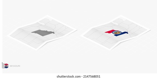 Set of two realistic map of Missouri with shadow. The flag and map of Missouri in isometric style. Vector template.