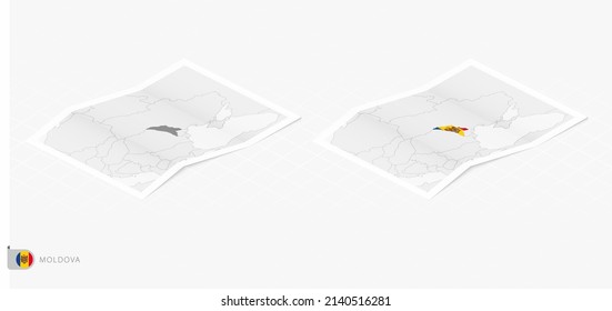Set of two realistic map of Moldova with shadow. The flag and map of Moldova in isometric style. Vector template.
