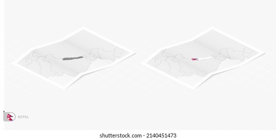 Set of two realistic map of Nepal with shadow. The flag and map of Nepal in isometric style. Vector template.
