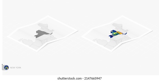 Set of two realistic map of New York with shadow. The flag and map of New York in isometric style. Vector template.