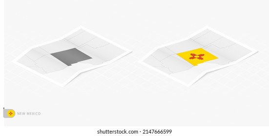 Set of two realistic map of New Mexico with shadow. The flag and map of New Mexico in isometric style. Vector template.