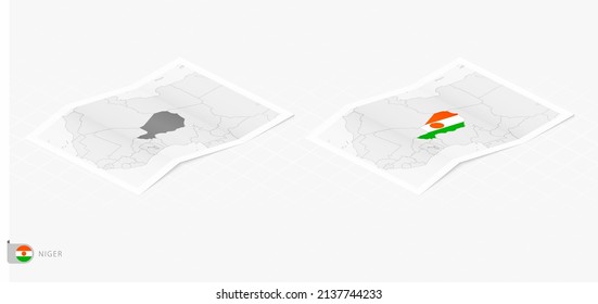 Set of two realistic map of Niger with shadow. The flag and map of Niger in isometric style. Vector template.