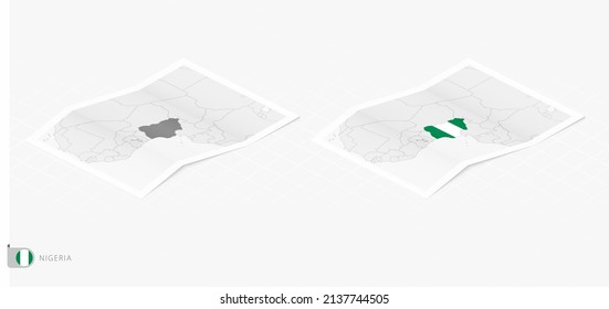 Set of two realistic map of Nigeria with shadow. The flag and map of Nigeria in isometric style. Vector template.