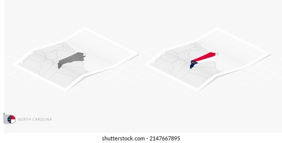 Set of two realistic map of North Carolina with shadow. The flag and map of North Carolina in isometric style. Vector template.