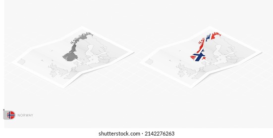 Set von zwei realistischen Karte von Norwegen mit Schatten. Die Flagge und Karte Norwegens im isometrischen Stil. Vektorvorlage.