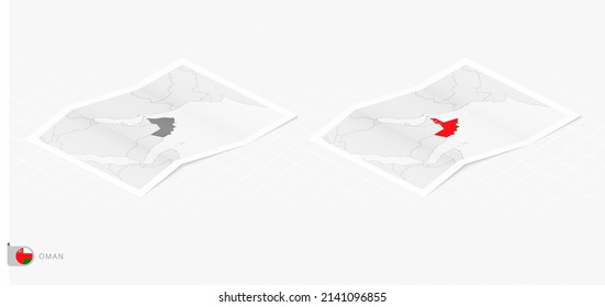 Set of two realistic map of Oman with shadow. The flag and map of Oman in isometric style. Vector template.