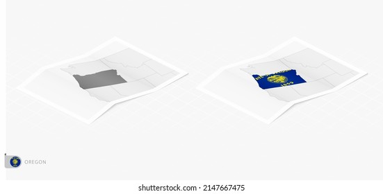 Set of two realistic map of Oregon with shadow. The flag and map of Oregon in isometric style. Vector template.