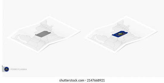 Set of two realistic map of Pennsylvania with shadow. The flag and map of Pennsylvania in isometric style. Vector template.