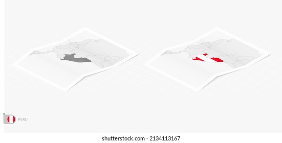 Set of two realistic map of Peru with shadow. The flag and map of Peru in isometric style. Vector template.