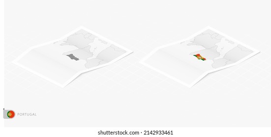 Set of two realistic map of Portugal with shadow. The flag and map of Portugal in isometric style. Vector template.
