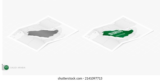 Set of two realistic map of Saudi Arabia with shadow. The flag and map of Saudi Arabia in isometric style. Vector template.