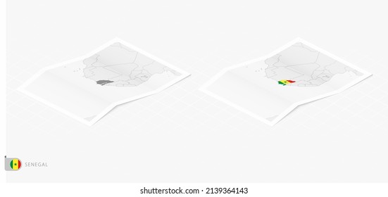 Conjunto de dos mapas realistas de Senegal con sombra. La bandera y el mapa de Senegal en estilo isométrico. Plantilla de vectores.