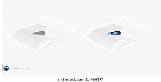 Set of two realistic map of South Carolina with shadow. The flag and map of South Carolina in isometric style. Vector template.