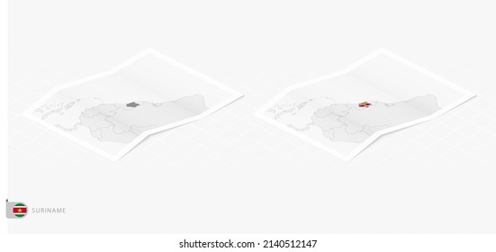 Set of two realistic map of Suriname with shadow. The flag and map of Suriname in isometric style. Vector template.