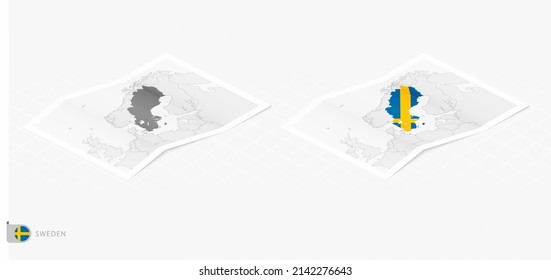 Set von zwei realistischen Karte von Schweden mit Schatten. Die Flagge und Karte von Schweden im isometrischen Stil. Vektorvorlage.