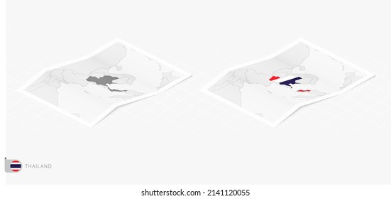 Set of two realistic map of Thailand with shadow. The flag and map of Thailand in isometric style. Vector template.