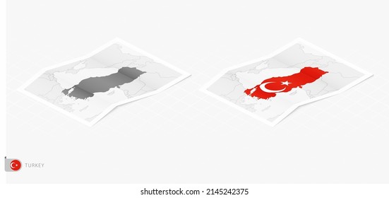 Set of two realistic map of Turkey with shadow. The flag and map of Turkey in isometric style. Vector template.