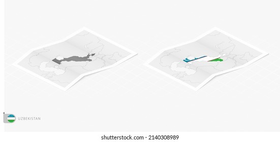Conjunto de dos mapas realistas de Uzbekistán con sombra. La bandera y mapa de Uzbekistán en estilo isométrico. Plantilla de vectores.
