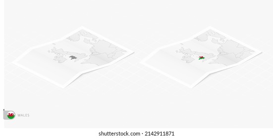 Set of two realistic map of Wales with shadow. The flag and map of Wales in isometric style. Vector template.