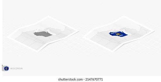 Set of two realistic map of Wisconsin with shadow. The flag and map of Wisconsin in isometric style. Vector template.