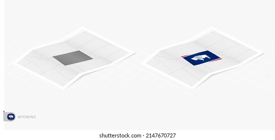 Set of two realistic map of Wyoming with shadow. The flag and map of Wyoming in isometric style. Vector template.