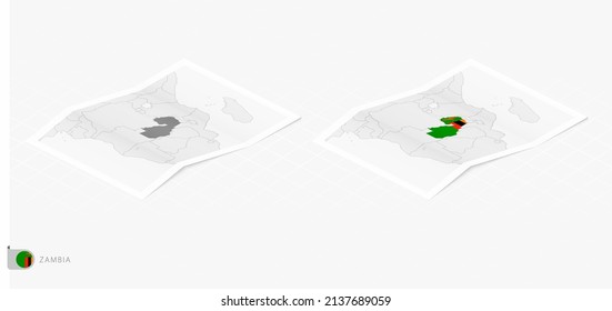 Set of two realistic map of Zambia with shadow. The flag and map of Zambia in isometric style. Vector template.