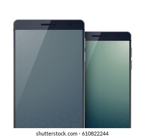 Set of two realistic mobile digital devices with black and grey blank screens and shadows on their displays on the white background vector illustration