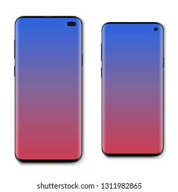 Set of two realistic modern smartphone. Front view display. Mobile phone with dual and single camera on the screen. Mock up template for your design. Vector illustration