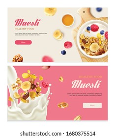 Set of two realistic muesli horizontal banners with ornate text clickable buttons and images of food vector illustration