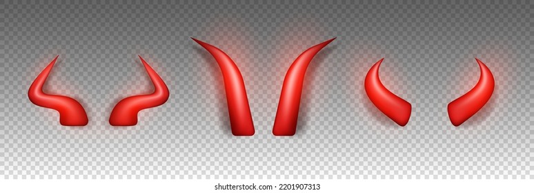 Set of two realistic three dimensional devil horns. Red glossy daemon horns isolated on transparent background. Satan decoration, Monster carnival element. Vector illustration EPS 10