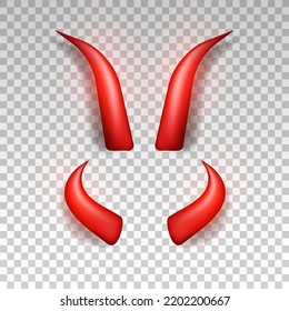 Set of two realistic three dimensional devil horns. Red glossy daemon horns isolated on transparent background. Satan decoration, Monster carnival element. Vector illustration EPS 10