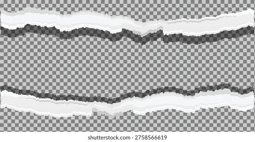 Set of two realistic torn paper strips with rough edges and soft drop shadows, isolated on a transparent background for easy layering and design use.