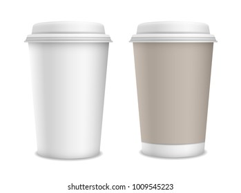 Set of two realistic vector blank paper take away cups isolated on white background