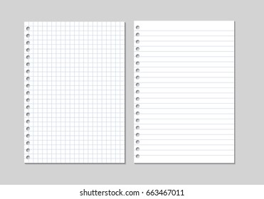 Set of two realistic vector illustration of blank sheets of square and lined paper from a block isolated on a gray background with shadows
