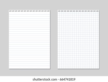 Set of two realistic vector illustration of blank sheets of square and lined paper from a block isolated on a gray background with shadows