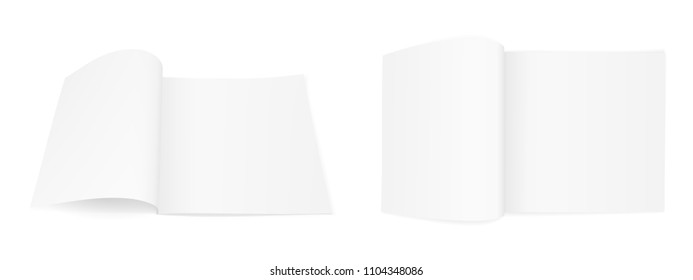 A set of two realistic vector images (layout, mock-up) of an open booklet (magazine, brochure), a perspective view and a top view. The image is created using a gradient mesh. Vector EPS 10.