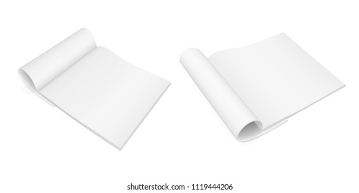 A set of two realistic vector images (layout, mock-up) of an open booklet (magazine, brochure) with a folded page, a perspective view. The image was created using a gradient mesh. Vector EPS 10.